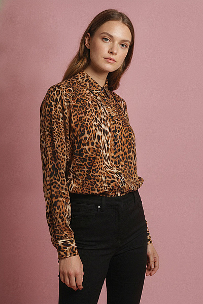Boohoo Dámská Košile S Dlouhým Rukávem Leopardí Vzor Hnědá Velikost 46