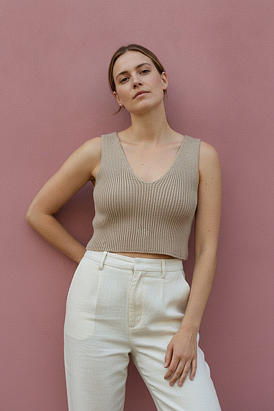 Dámské Tričko Bez Rukávů Crop Top Béžové Vel. M