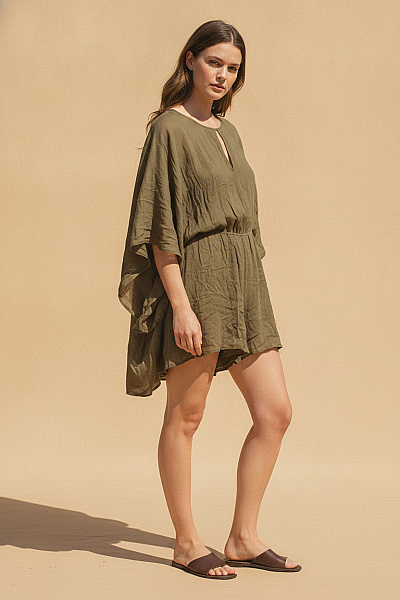 Boohoo Dámský Overal S Krátkým Rukávem Volné Khaki