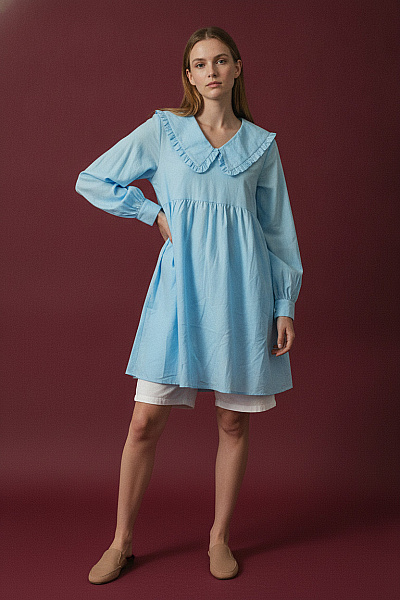 Boohoo Modré šaty S Dlouhým Rukávem A Límečkem Vel. 36