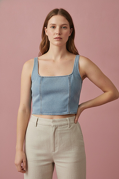 Boohoo Dámské Džínové Crop Top Tílko S Hranatým Výstřihem