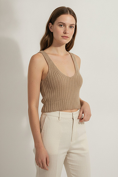 Béžové Pruhované Tílko Crop Top Bez Rukávů Vel. Xxs