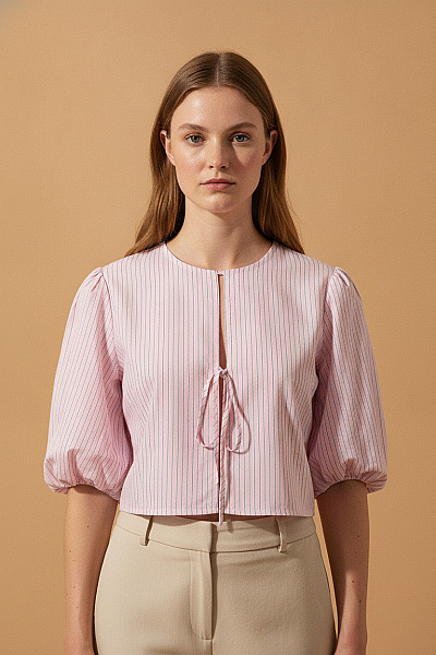 Boohoo Růžová Pruhovaná Halenka S Krátkým Rukávem A Balonovými Rukávy Vel. 46