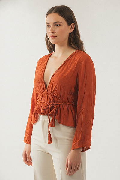 Boohoo Oranžová Halenka S Dlouhým Rukávem A Výstřihem Do V Boho