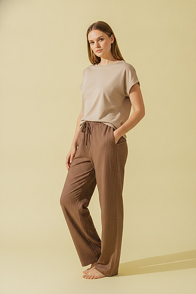 Boohoo Dámské Hnědé Pruhované Volnočasové Kalhoty S Gumou V Pase Velikost EU 44