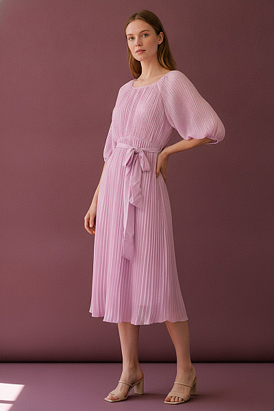 Boohoo Fialové Plisované šaty S Dlouhým Rukávem A Páskem Elegantní Midi Velikost EU 36