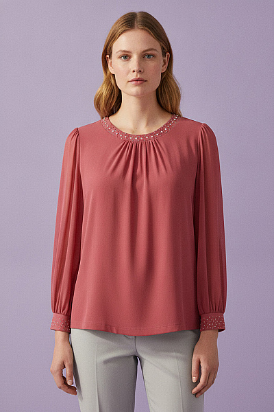 COUTURE LINE Růžová Halenka S Dlouhým Rukávem A Kamínky Vel. 48