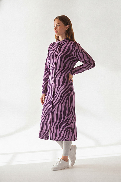 Curvy Me Dámské šaty S Dlouhým Rukávem A Zvířecím Vzorem Fialové Vel. 40
