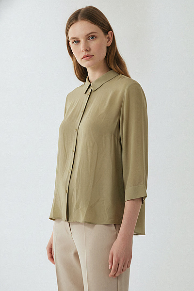 THOM By Thomas Rath Dámská Khaki Košile S Krátkým Rukávem Elegantní Volná Průhledná Vel. 44