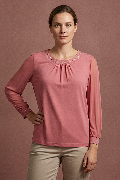 COUTURE LINE Dámská Halenka S Dlouhým Rukávem A Kamínky Růžová Vel. EU 46