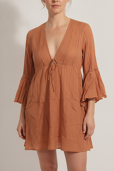 Boohoo Hnědé Bavlněné Boho šaty S Dlouhým Rukávem A Hlubokým Výstřihem Vel. EU L