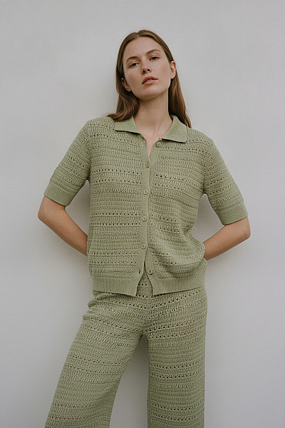 Boohoo Dámský Khaki Pletený Komplet Palazzo Kalhoty A Košile Velikost 36