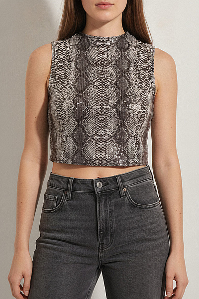 Boohoo Dámské Tílko Crop S Potiskem Hadí Kůže Lesklé Velikost EU 40