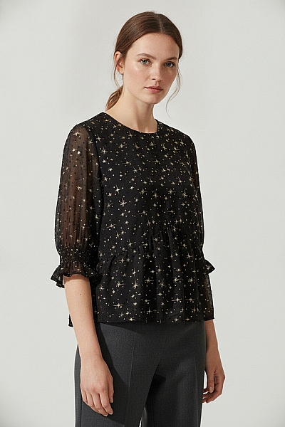 Boohoo Černá Halenka S Hvězdami A Nabíranými Rukávy Vel. 50