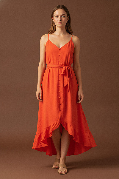 Boohoo Oranžové Dlouhé šaty Na Ramínka S Páskem Boho Letní