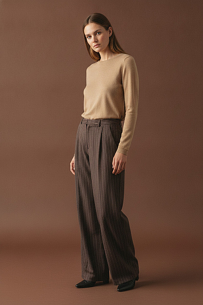 Boohoo Dámské Pruhované Kalhoty Elegantní Volné Hnědé Vel. 42