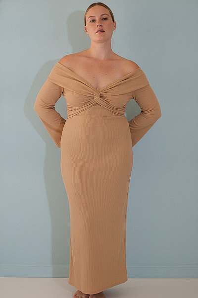 Boohoo Dámské šaty S Dlouhým Rukávem Béžové žebrované Elegantní Dlouhé