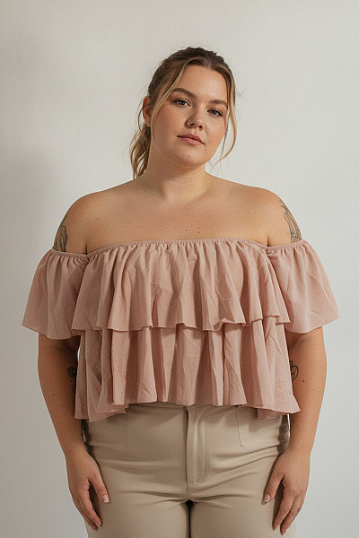 Boohoo Dámská Halenka S Volánky A Odhalenými Rameny Růžová Velikost 52