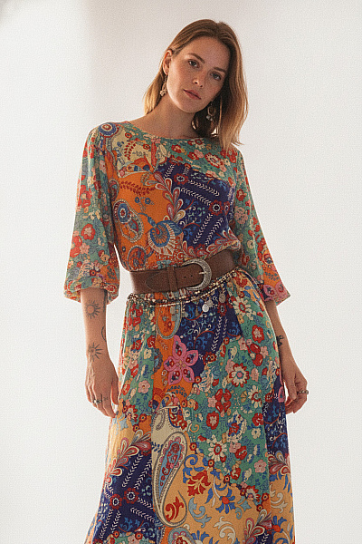 Boohoo Dlouhé šaty S Dlouhým Rukávem A Květinovým Potiskem Boho Velikost 44