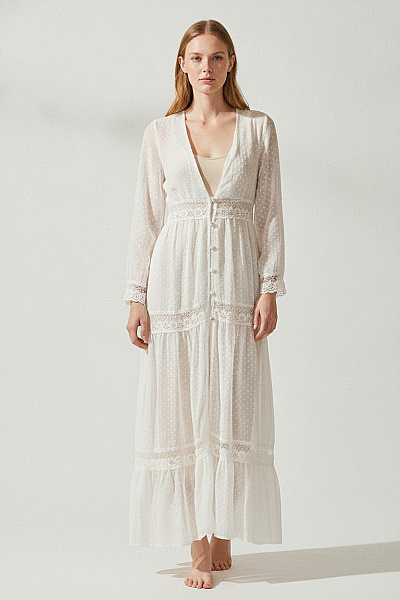 Boohoo Bílé Maxi šaty S Dlouhým Rukávem Boho Krajkové Propínací Velikost S