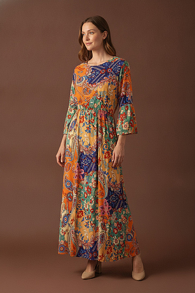 Boohoo Barevné Maxi šaty S Dlouhým Rukávem Boho Květované Vel. EU 44