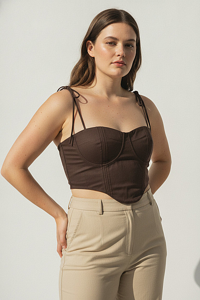 Boohoo Hnědý Korzetový Crop Top Bez Rukávů Velikost 54