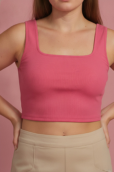 Boohoo Růžový Crop Top Bez Rukávů S Hranatým Výstřihem Basic Vel. EU XL