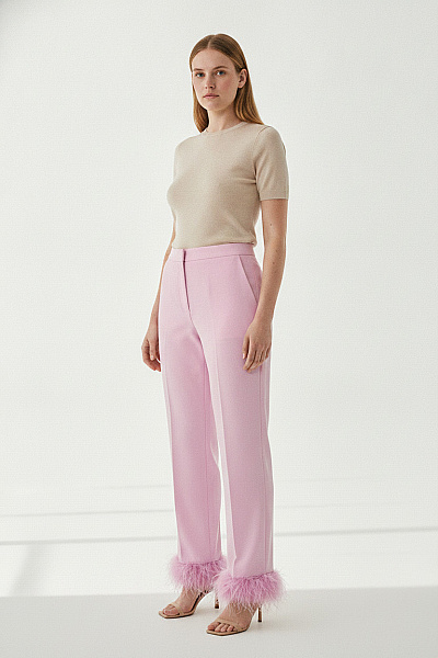 Boohoo Dámské Růžové Kalhoty S Peřím Elegantní Velikost EU 42