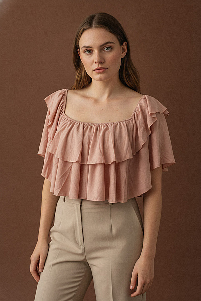 Boohoo Růžová Halenka S Volánky A Odhalenými Rameny Crop Vel. EU 48