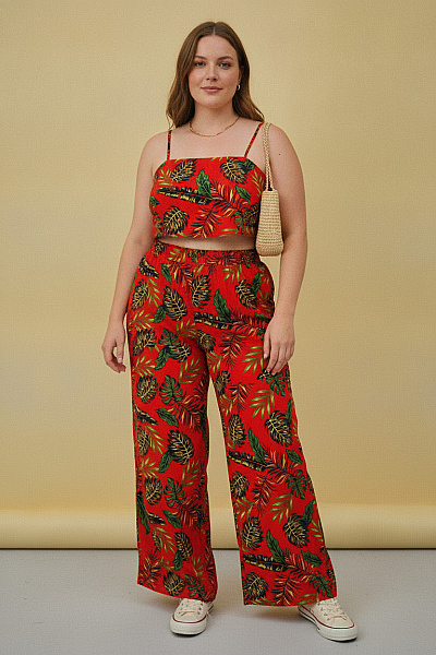 Boohoo Červený Letní Komplet Palazzo Kalhoty A Crop Top S Tropickým Vzorem Velikost EU 56