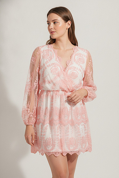 Boohoo Růžové Krajkové šaty S Dlouhým Rukávem Boho Velikost 52