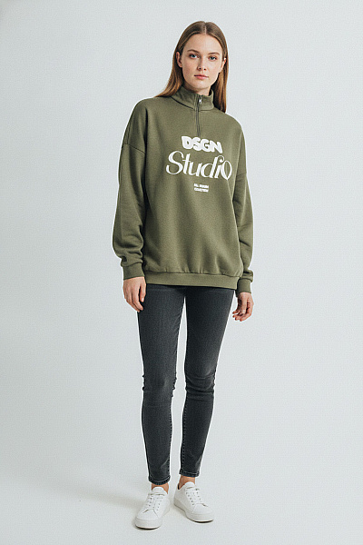 Boohoo Dámská Khaki Mikina Se Zipem U Krku Oversized Streetwear Velikost 36