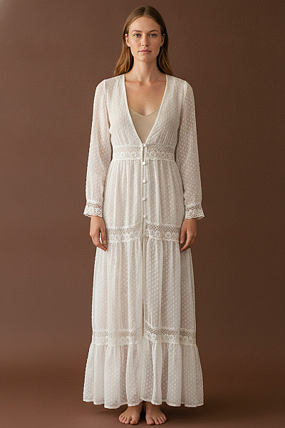 Boohoo Bílé Boho Maxi šaty S Dlouhým Rukávem Propínací Krajkové