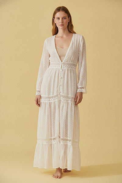 Boohoo Bílé Maxi šaty S Dlouhým Rukávem Boho Krajkové Propínací Velikost EU S
