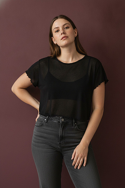 Boohoo Dámské černé Tričko S Krátkým Rukávem Crop Top Průhledné Vel. 52