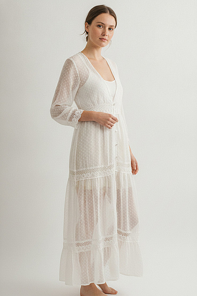 Boohoo Bílé Maxi Boho šaty S Dlouhým Rukávem A Krajkou Vel. EU L