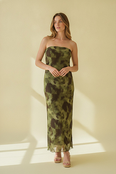 Boohoo Khaki Batikované Maxi šaty Bez Rukávů