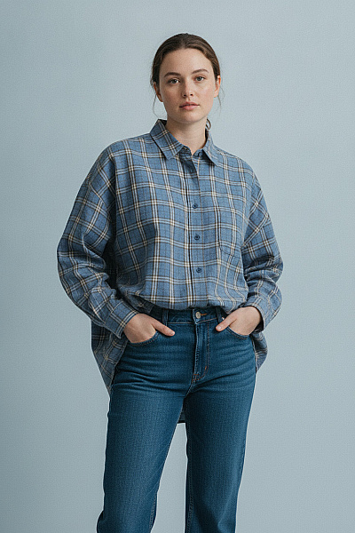 Boohoo Dámská Kostkovaná Košile S Dlouhým Rukávem Oversized Modrá