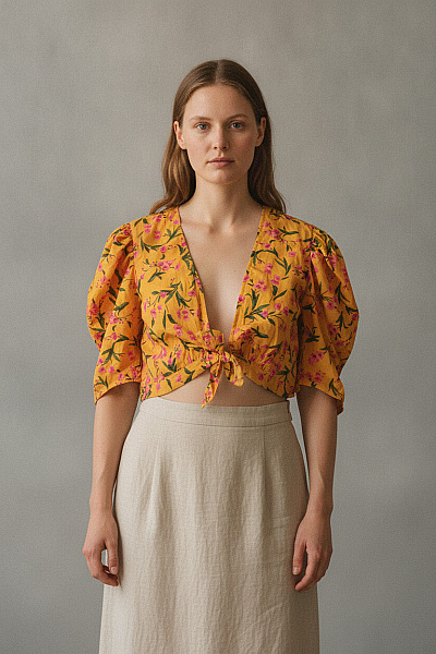 Boohoo Žlutá Květinová Crop Halenka S Dlouhým Rukávem A Uzlem Vel. 54