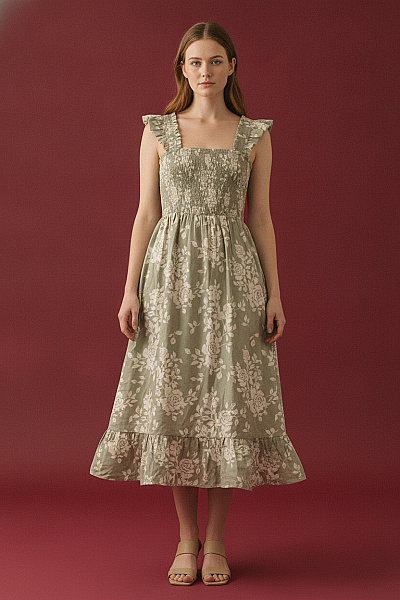 Bavlněné Khaki Midi šaty Květované Boho Velikost S