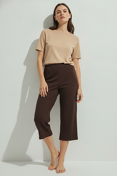 Boohoo Hnědé široké úpletové Kalhoty S Vysokým Pasem Vel. 46