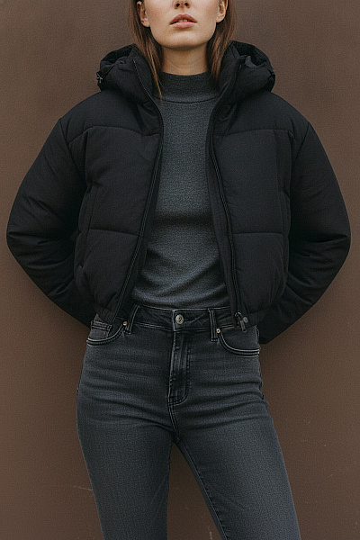 Boohoo Černá Krátká Puffer Bunda S Kapucí