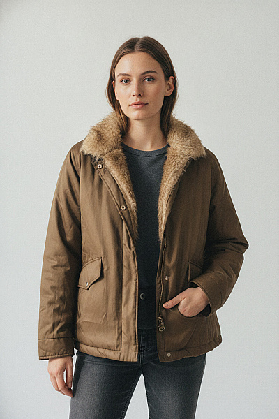 Boohoo Dámská Khaki Zimní Bunda S Kožíškem Krátká Zateplená