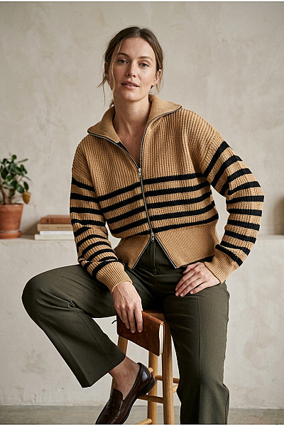 Boohoo Béžový Pruhovaný Pletený Crop Svetr Na Zip Vel. 34