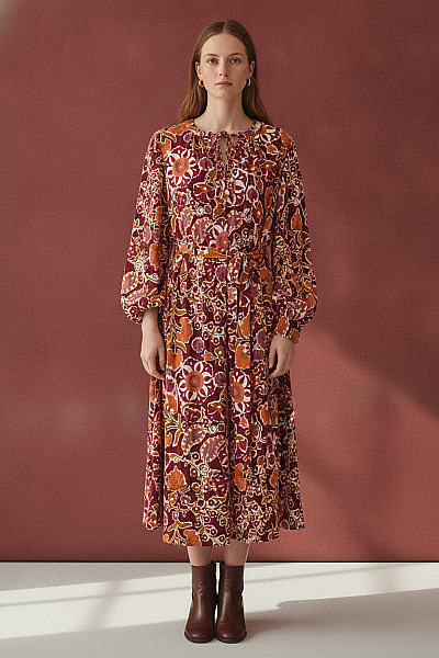 Curvy Me Barevné Květované Midi šaty S Dlouhým Rukávem Boho