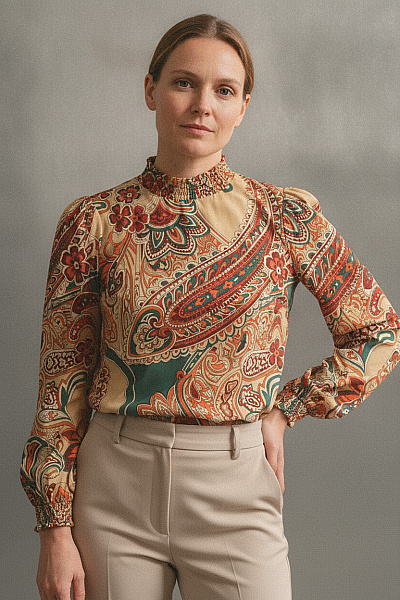 PFEFFINGER Dámská Halenka S Dlouhým Rukávem A Potiskem Retro Styl Velikost 38