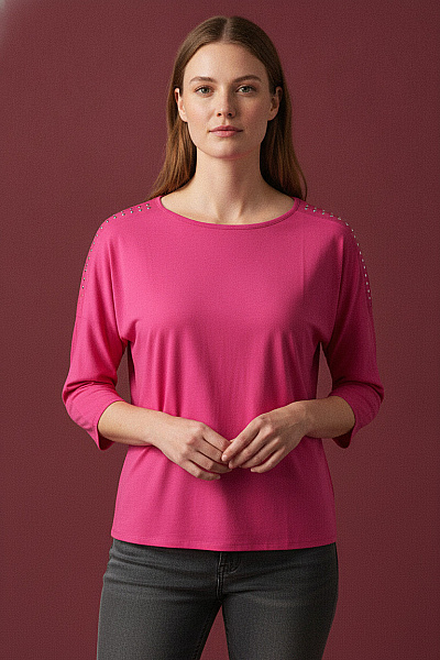 COUTURE LINE Růžová Halenka S Kamínky A 3/4 Rukávem Pro Plnoštíhlé Velikost 44