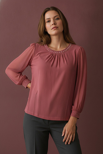 COUTURE LINE Dámské červené Tričko S Dlouhým Rukávem A Balonové Rukávy Elegantní Vel. 44