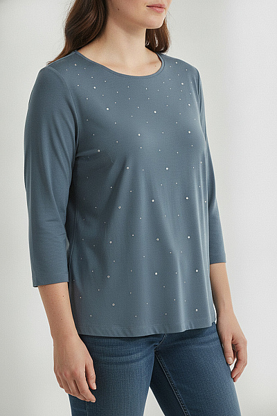 COUTURE LINE Modrá Dámská Halenka S Kamínky A 3/4 Rukávem Pro Plnoštíhlé Velikost 44