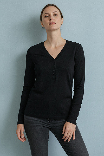 THOM By Thomas Rath Černé Dámské Tričko S Dlouhým Rukávem A Knoflíky Henley Vel. 34